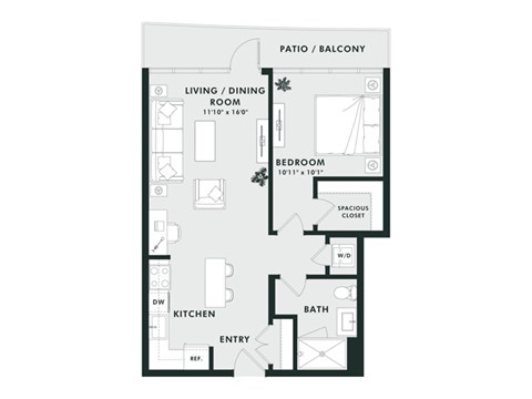 A floor plan of a small apartment with a living room, dining room, kitchen, bathroom, bedroom, and a spacious closet.